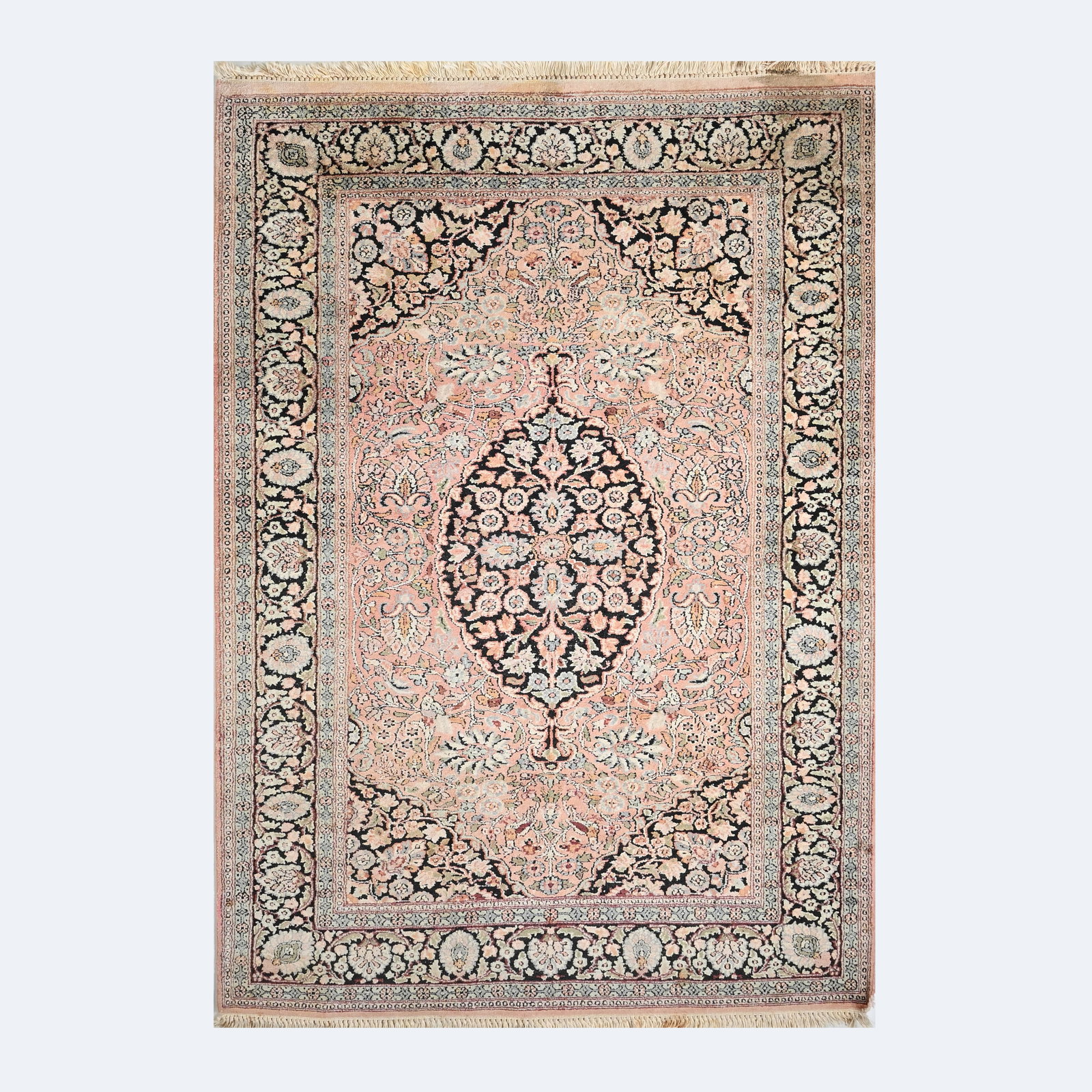 Hand-knotted Kashmir carpet of pink silk with a floral motif, Pakistan (1 of 9)