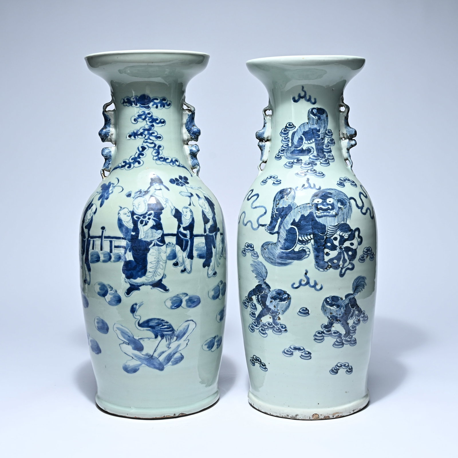 2 celadon Chinese porcelain baluster vases with blue and white decoration of a garden scene and 'Foo (1 of 12)