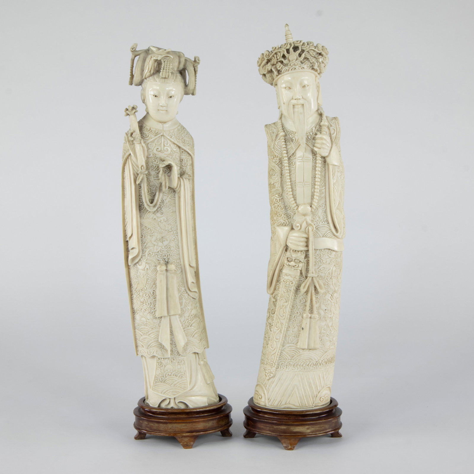 Two ivory statues of Emperor and Empress with richly engraved robes. Emperor with openwork headdress (1 of 4)