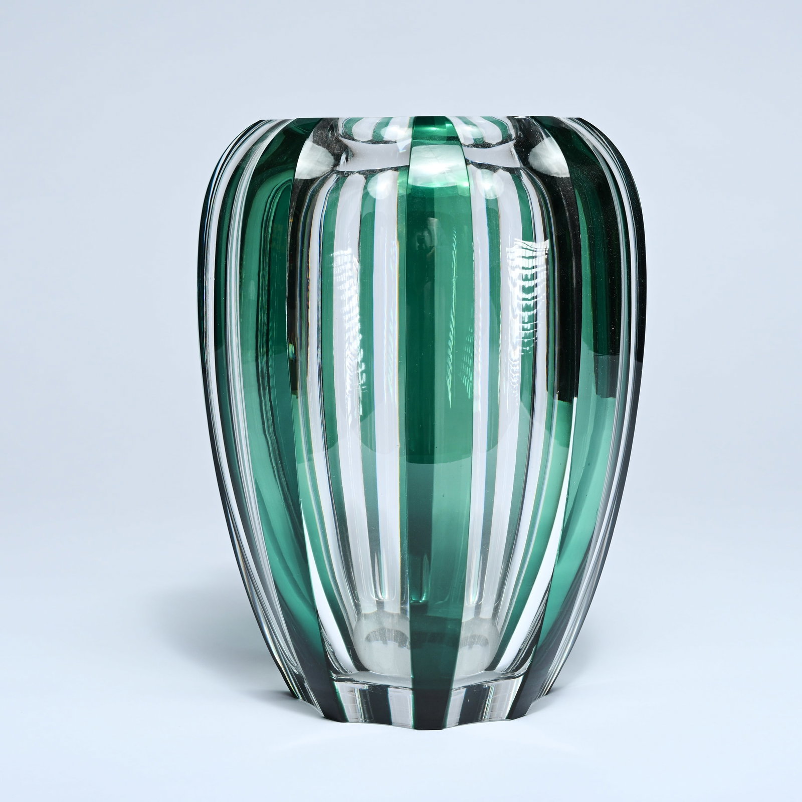 Val Saint Lambert green and clear cut crystal vase, signed (1 of 8)