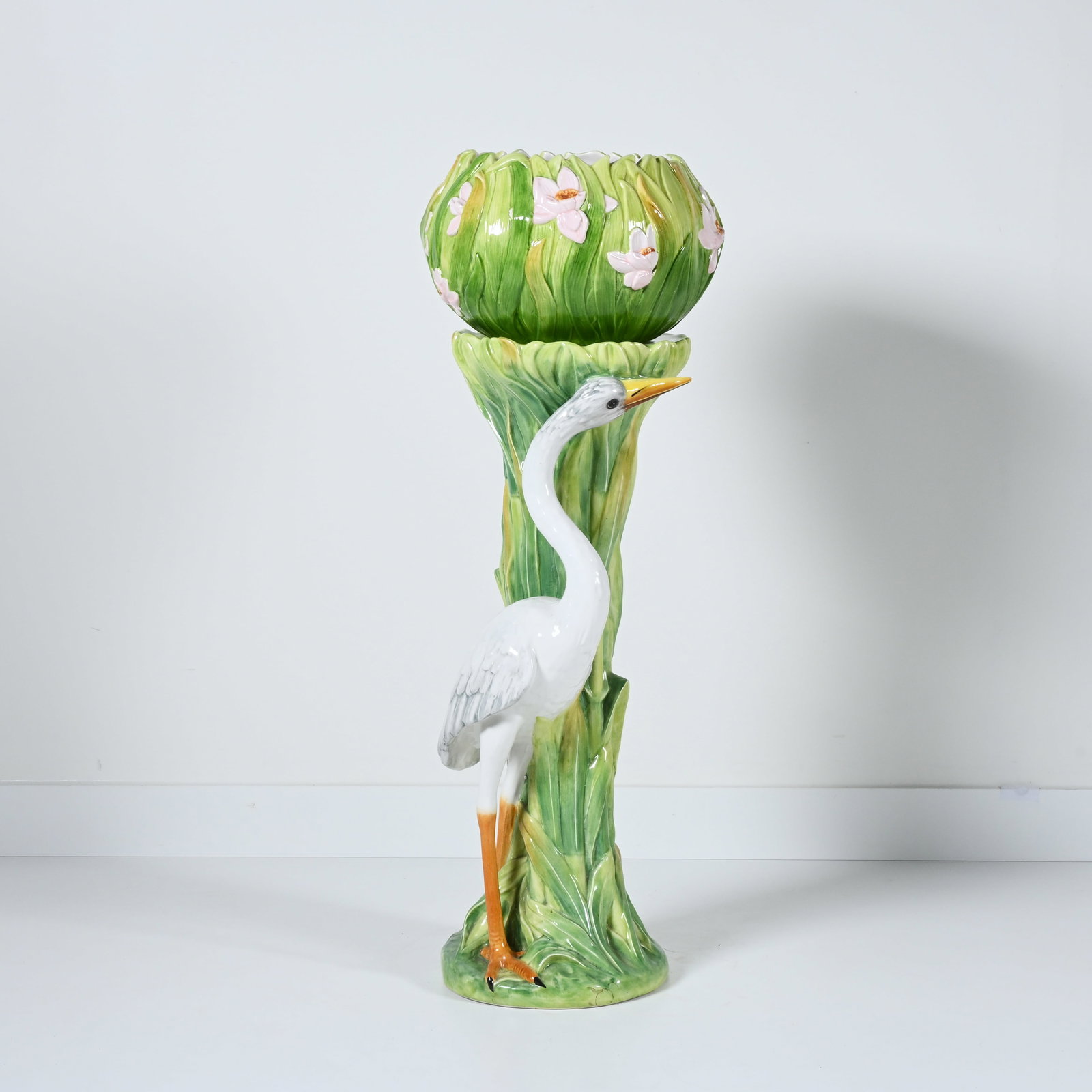 CHAUMETTE (20th century) Barbotine jardiniere and column decorated with a heron and polychrome (1 of 14)