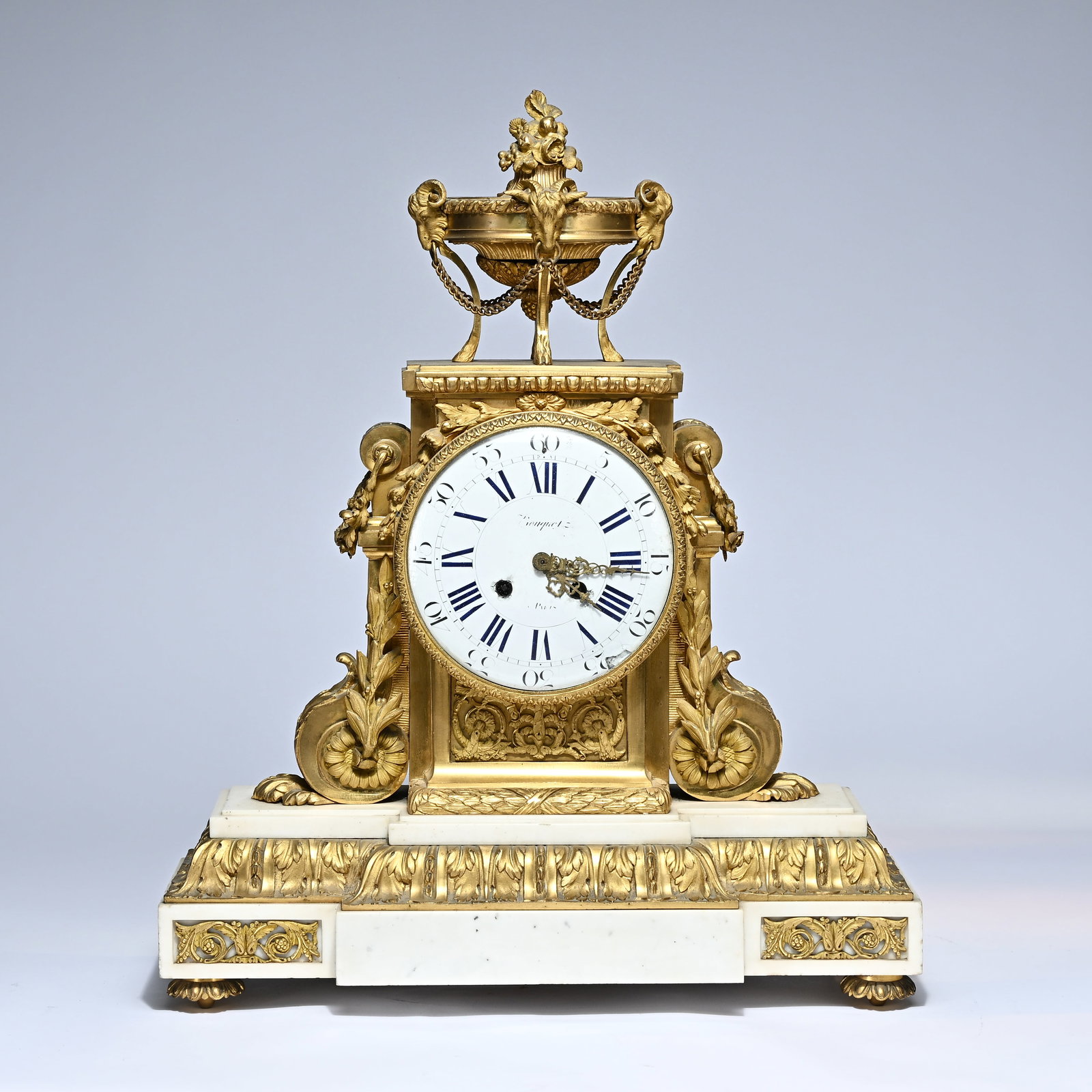 Bronze and marble mantel clock in Louis XVI style by Bouquet in Paris, Jappy freres silver medal (1 of 9)