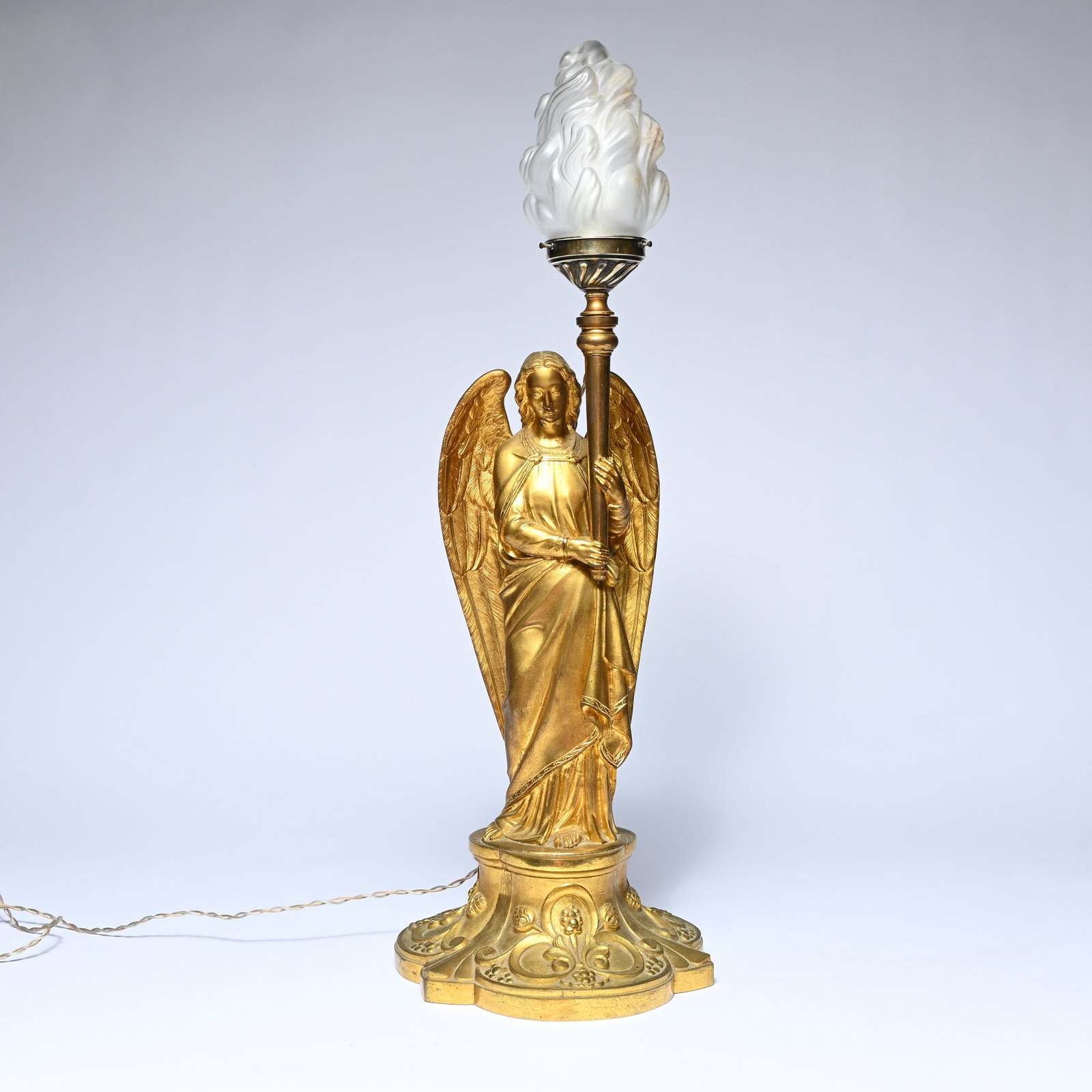 A gilded Neo-Gothic bronze lamp in the shape of an angel (1 of 6)