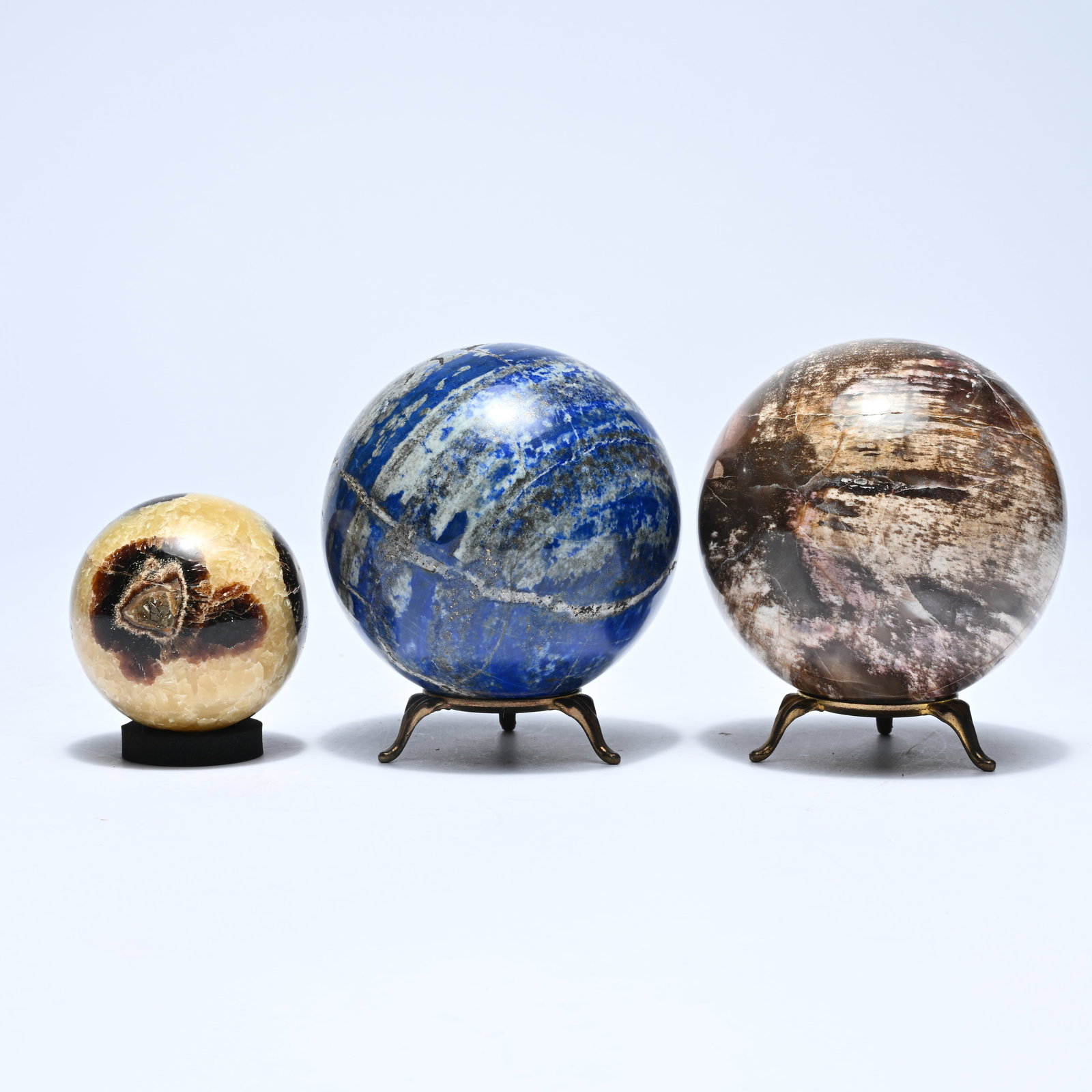 3 polished spheres, Septarian (Dragon Egg), Lapis Lazuli and petrified wood: 3 polished spheres, Septarian (Dragon Egg), Lapis Lazuli and petrified wood 3 gepolijste bollen, Septarie (Drakenei), Lapis Lazuli en versteend hout H 7-11 cm