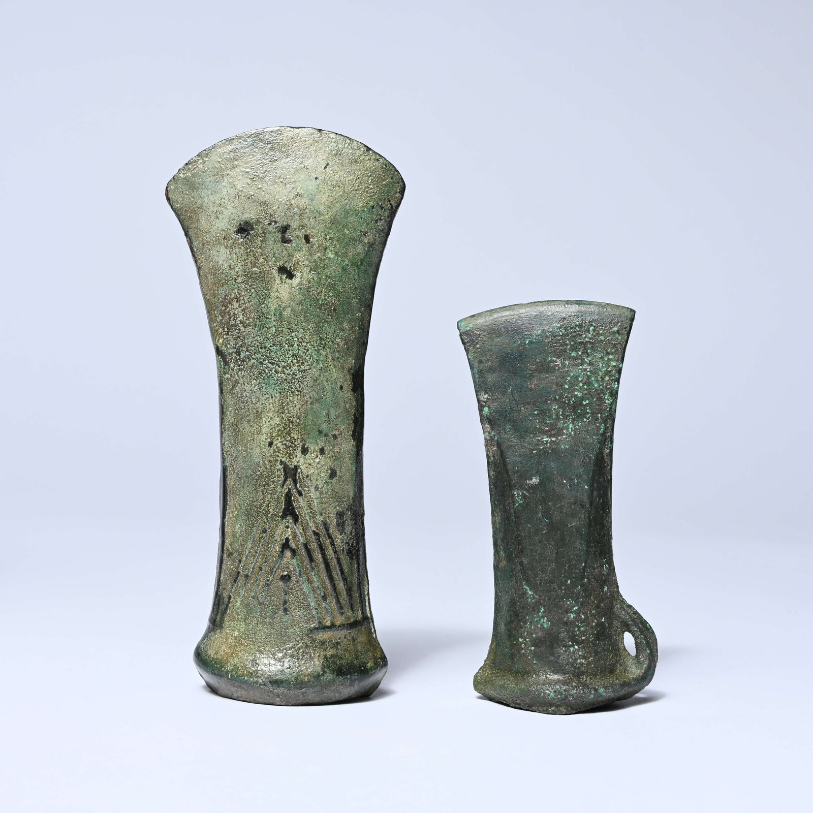 Large bronze axe with beautiful patina and small bronze axe, Ancient Europe, presumably Bronze Age, (1 of 6)