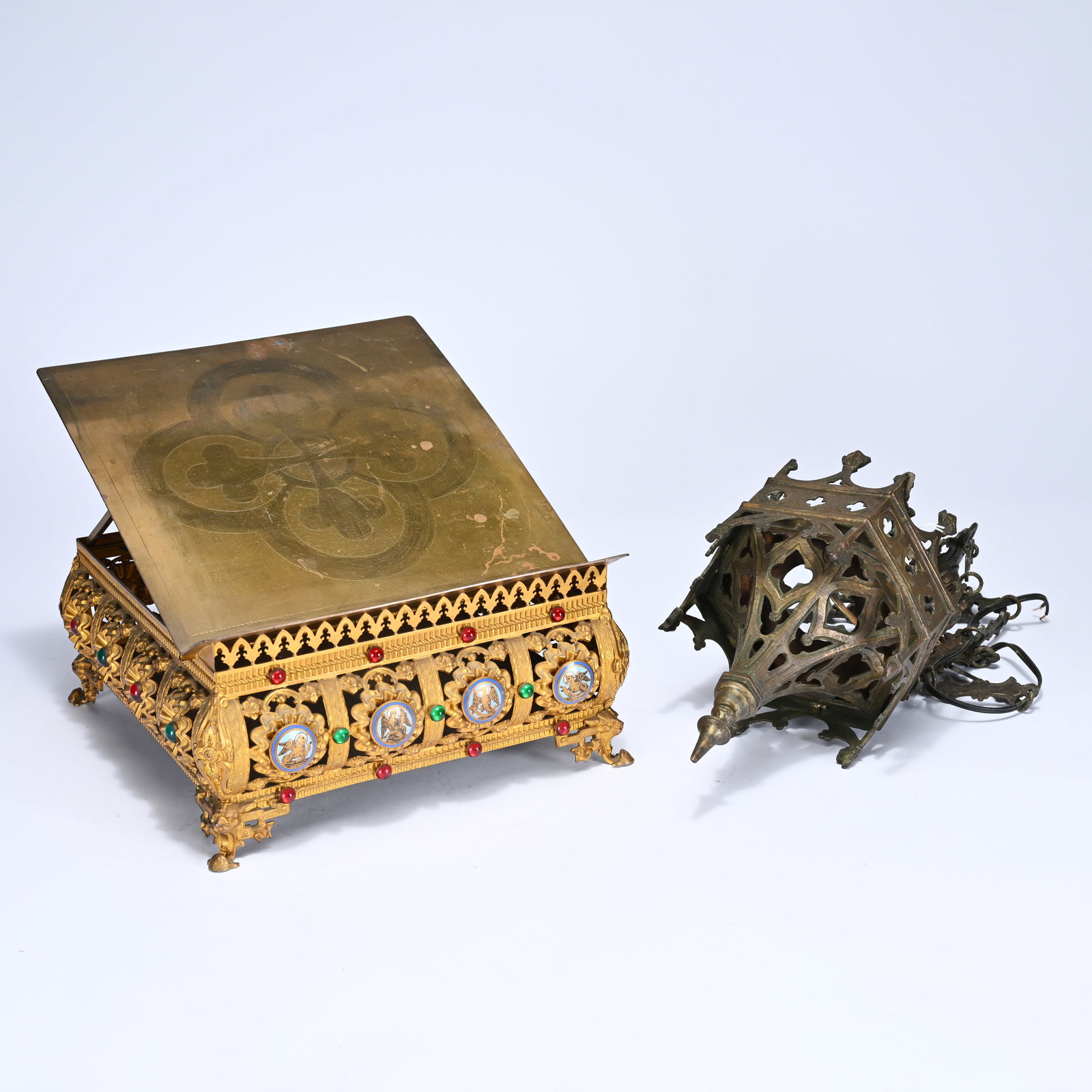 Gilded lectern with enameled medallions and Neo-Gothic sanctuary lamp (1 of 7)