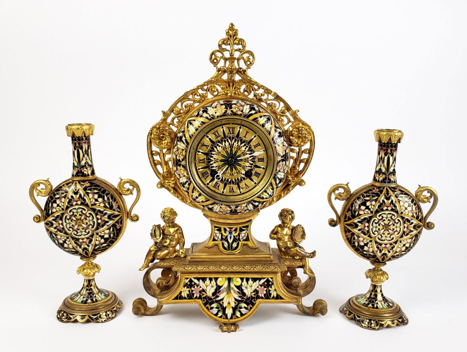 19th C. French Champleve Enamel & Bronze 3 Pc. Clockset (1 of 11)