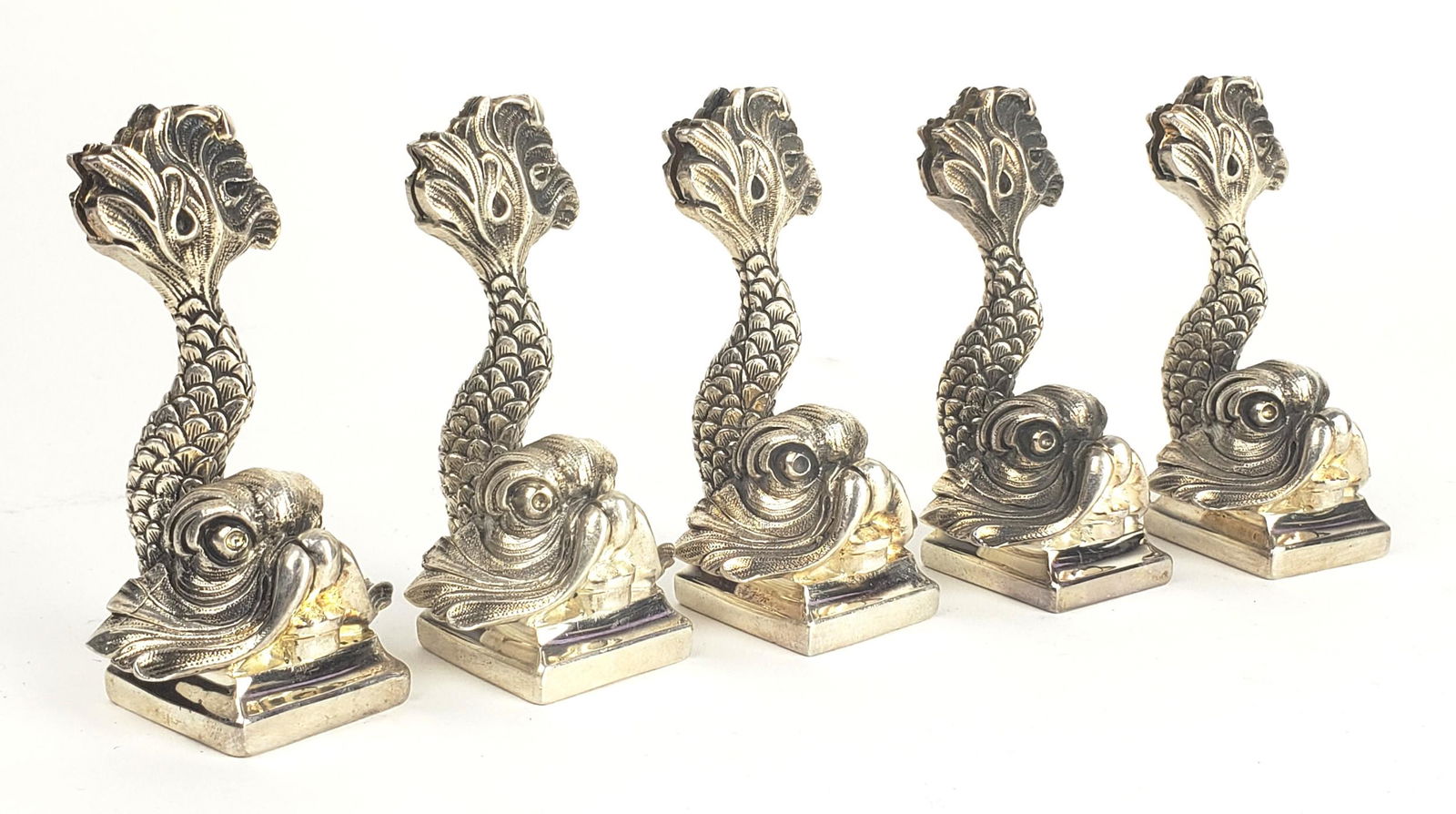Set of 5 Christofle Figural Card Holders: Set of 5 Christofle Figural Card Holders. They measures H: 3" W: 1 1/2", Signed