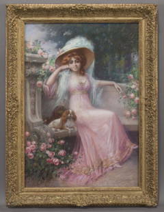 Delphin Enjolras (1857–1945) "An Elegant Lady with her: Delphin Enjolras (1857–1945) "An Elegant Lady with her Cavalier King Charles Spaniels" pastel on paper. Signed lower right, "D Enjolras". Sight: 35.5"H x 24.5"W; Frame: 43.375"H x 32.375"W.