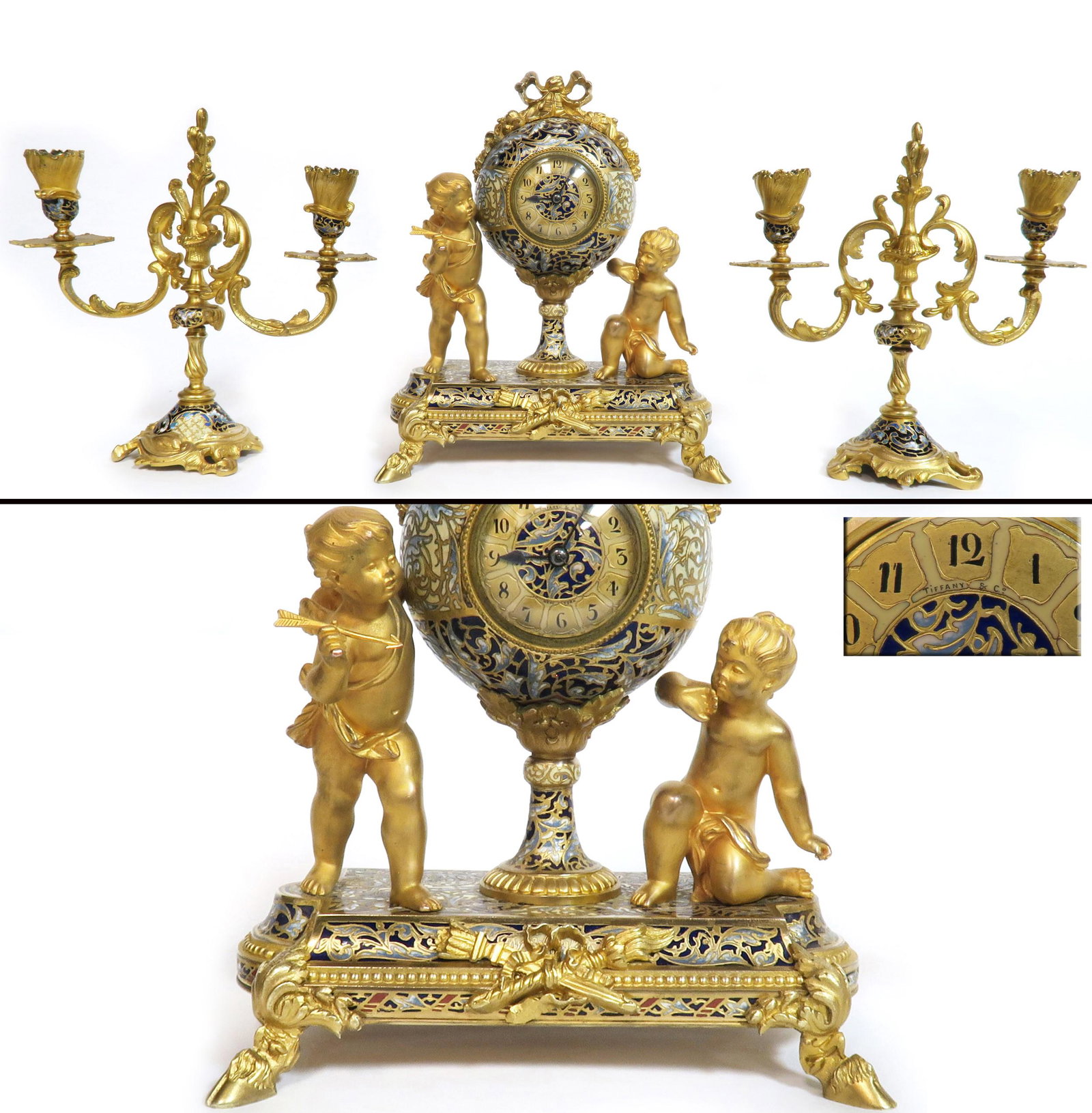 19th C. Tiffany & Co Gilt Bronze Champleve Clock Set (1 of 7)