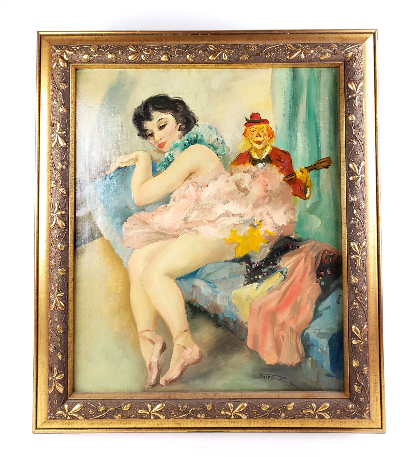 Magnificent Oil on Canvas "Nude Dancer" By Freid Pal: Magnificent Oil on Canvas Painting By Freid Pal Signed. This is a magnificent original oil on canvas painting done by Hungarian listed artist Fried Pal 1893-1976. It shows a dancer with a clown, and i