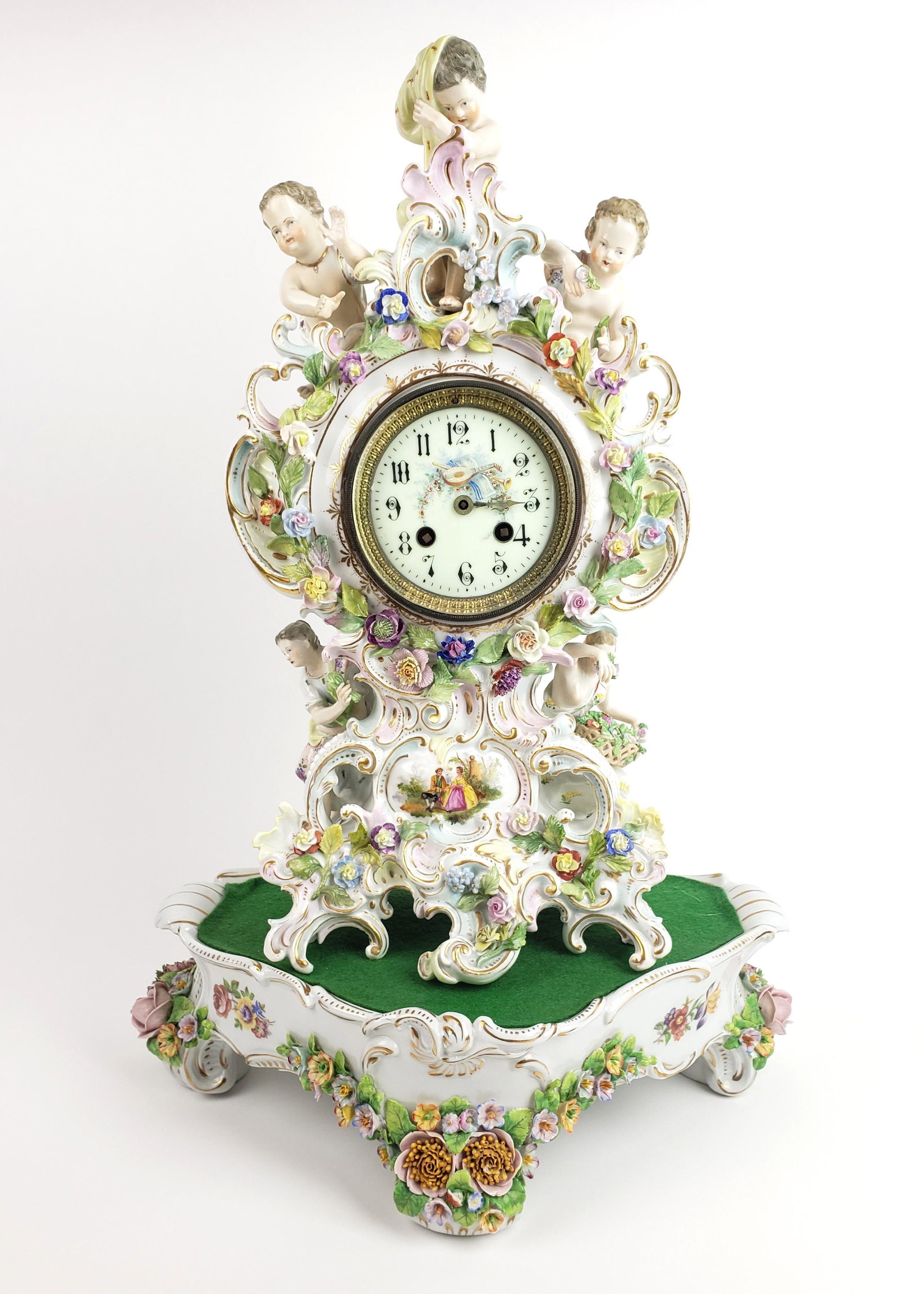 19th C. Large Meissen Style Porcelain Flower Encrusted Clock w/ Pedestal (1 of 16)