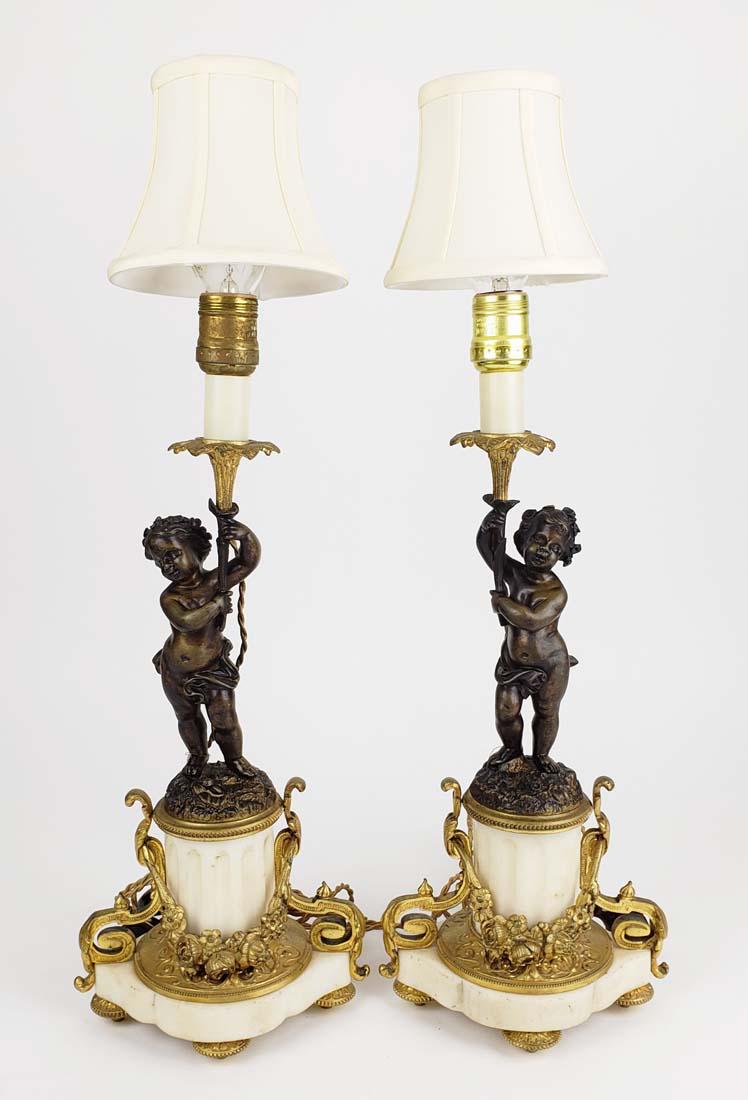 Magnificent Pair of 19th C. French Bronze & Marble Figural Lamps (1 of 8)