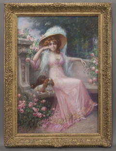 Delphin Enjolras (1857–1945) "An Elegant Lady with her Cavalier King Charles Spaniels" pastel on: Delphin Enjolras (1857–1945) "An Elegant Lady with her Cavalier King Charles Spaniels" pastel on paper. Signed lower right, "D Enjolras". Sight: 35.5"H x 24.5"W; Frame: 43.375"H x 32.375"W.