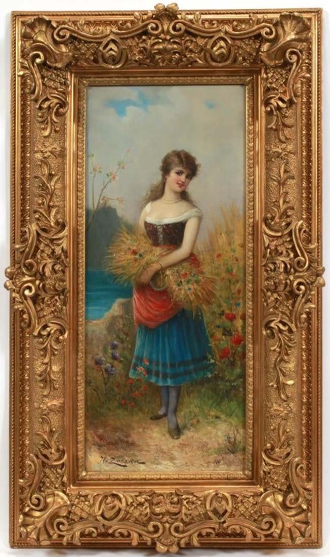 Hans Zatzka (Austria, 1859-49) Oil on Canvas "Woman with Flowers" (1 of 4)
