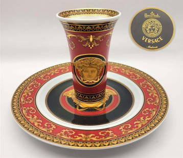 Versace Medusa Red Vase Paired With Plate: Versace Medusa Red Vase Paired With Plate. Vase: H 4" x W 2 7/8" \ Plate: D 7 3/4"