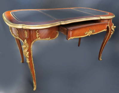 French Louis Xv Style Desk Satinwood Bronze Mounts & Leather Top: French Louis Xv Style Desk Satinwood Bronze Mounts & Leather Top. L 55" x W 30" x H 30"