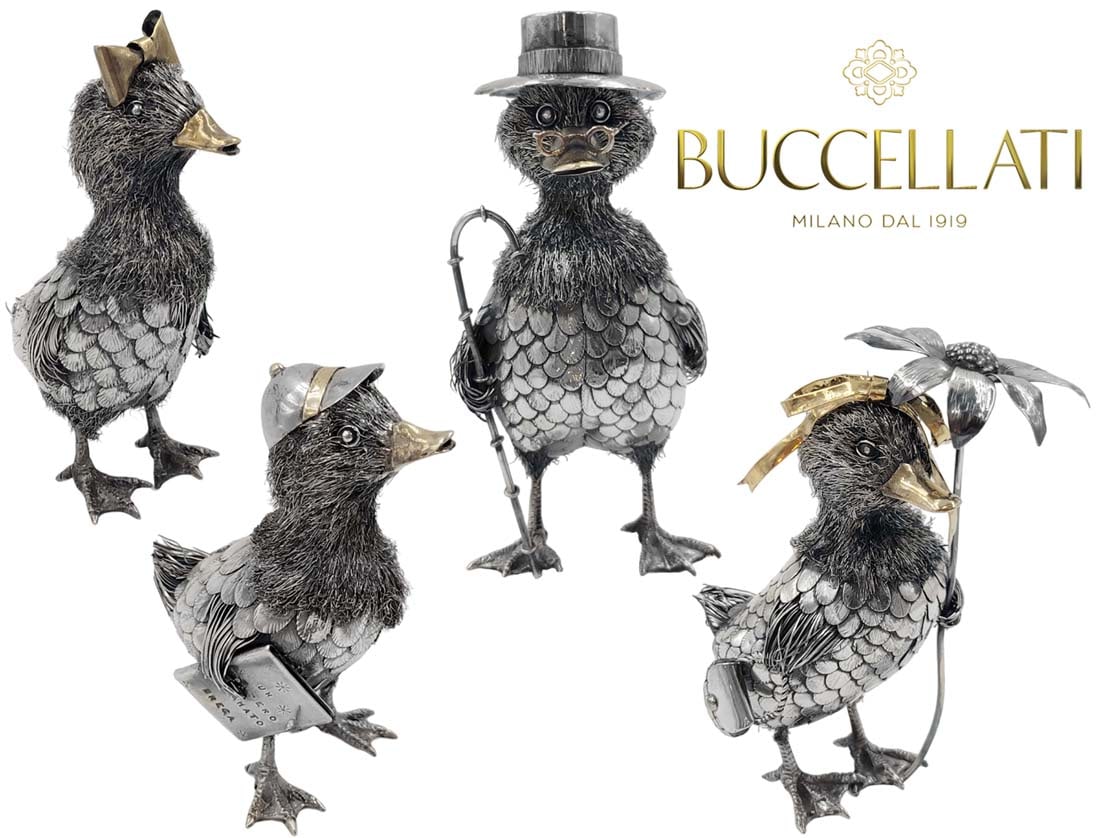 Group Lot, Buccellati Family Of Ducks Sterling Silver (470 grams): Group Lot, Buccellati Family Of Ducks Sterling Silver (470 grams) Mom: H 5 1/4" x L 4" \ Dad: H 5 1/2" x L 4" \ Boy: H 3 1/2" x L 2 7/8" \ Girl: H 4" x L 2 7/8"