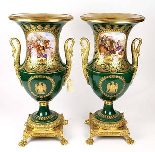 Magnificent Large Pair of 19th C. Sevres Porcelain Urns: Magnificent Large Pair of 19th C. Sevres Porcelain Urns. This is a magnificent pair of 19 century French sevres urns fully signed and hallmarked in mint condition. These sevres were purchased from Chr