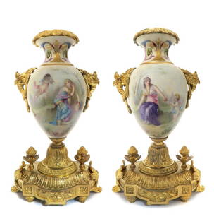 Pair of 19th C. Sevres Porcelain & Bronze Urns Signed ROCHETTE: Pair of 19th C. Sevres Porcelain & Bronze Urns Signed ROCHETTE. They measure H: 15" x 9" x 5"