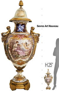 Large 19th C. Sevres Porcelain & Bronze Lidded Vase / Centerpiece, Signed: Large 19th C. Sevres Porcelain & Bronze Lidded Vase / Centerpiece, Signed. H 25" x W 8" x L 10 1/2"