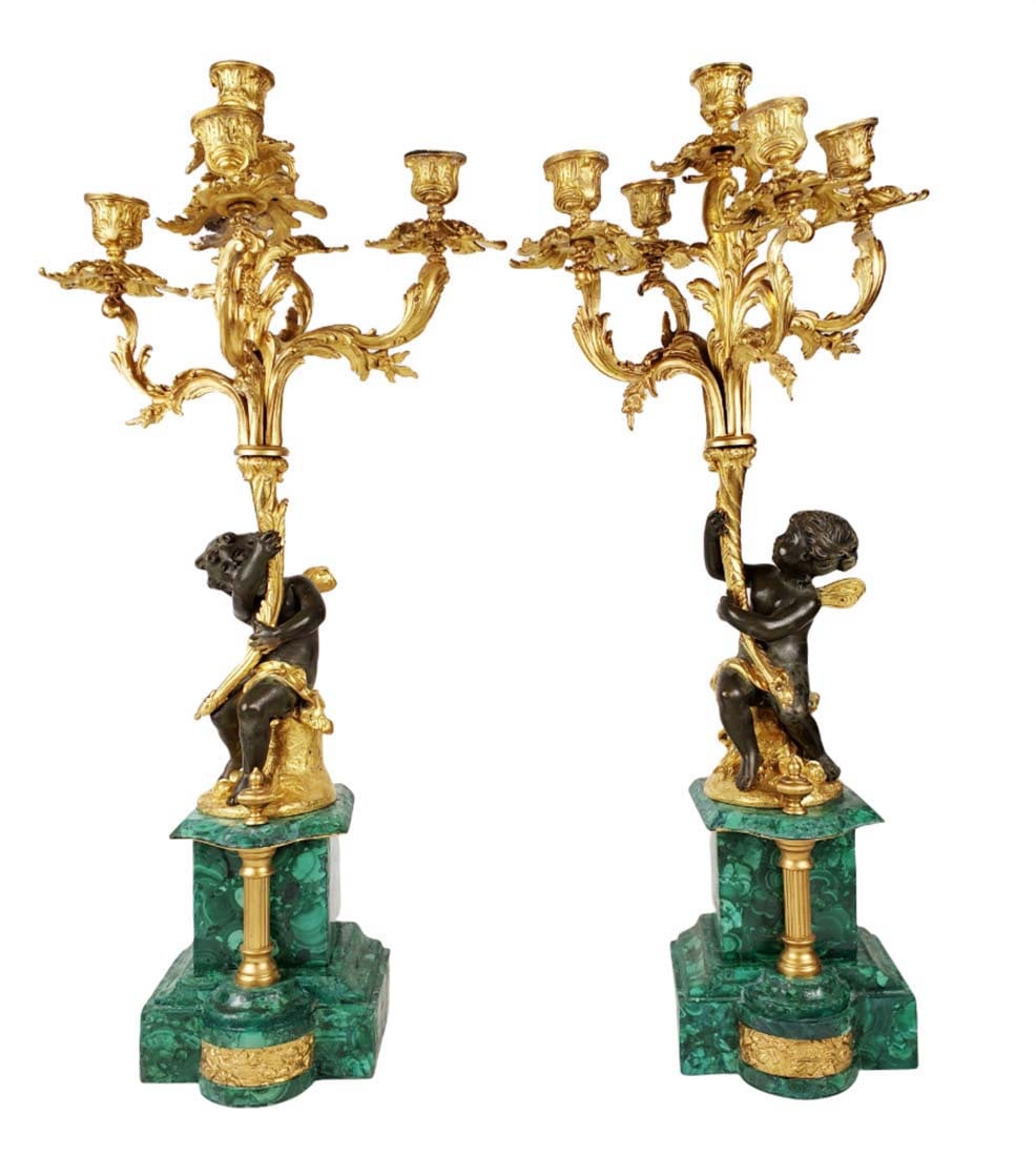 Pair of Large 19th C. Malachite & Bronze Figural Candelabras (1 of 4)