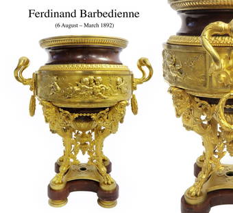 19th C Ormolu-Mounted and Gilt Bronze Rouge Griotte Marble Jardiniere Centerpiece By Ferdinand: 19th C. Ormolu-Mounted and Gilt Bronze Rouge Griotte Marble Jardiniere Centerpiece By Ferdinand Barbedienne. Measures H: 13" W: 12"