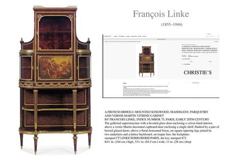 19th C. Francois Linke, a French Ormolu & Vernis Martin Vitrine Commode Cabinet: 19th C. Francois Linke, a French Ormolu & Vernis Martin Vitrine Commode Cabinet. A FRENCH ORMOLU-MOUNTED KINGWOOD, MAHOGANY, PARQUETRY AND VERNIS MARTIN VITRINE-CABINETBY FRANCOIS LINKE, INDEX NUMBER