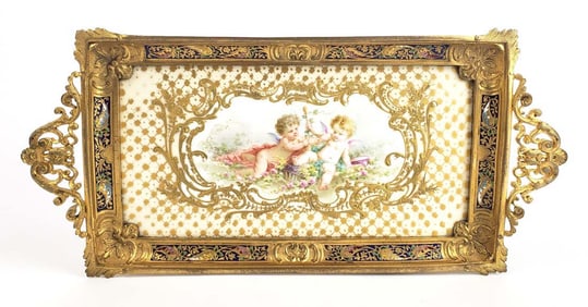 19th C. French Champleve Enamel & Gilt Bronze Tray