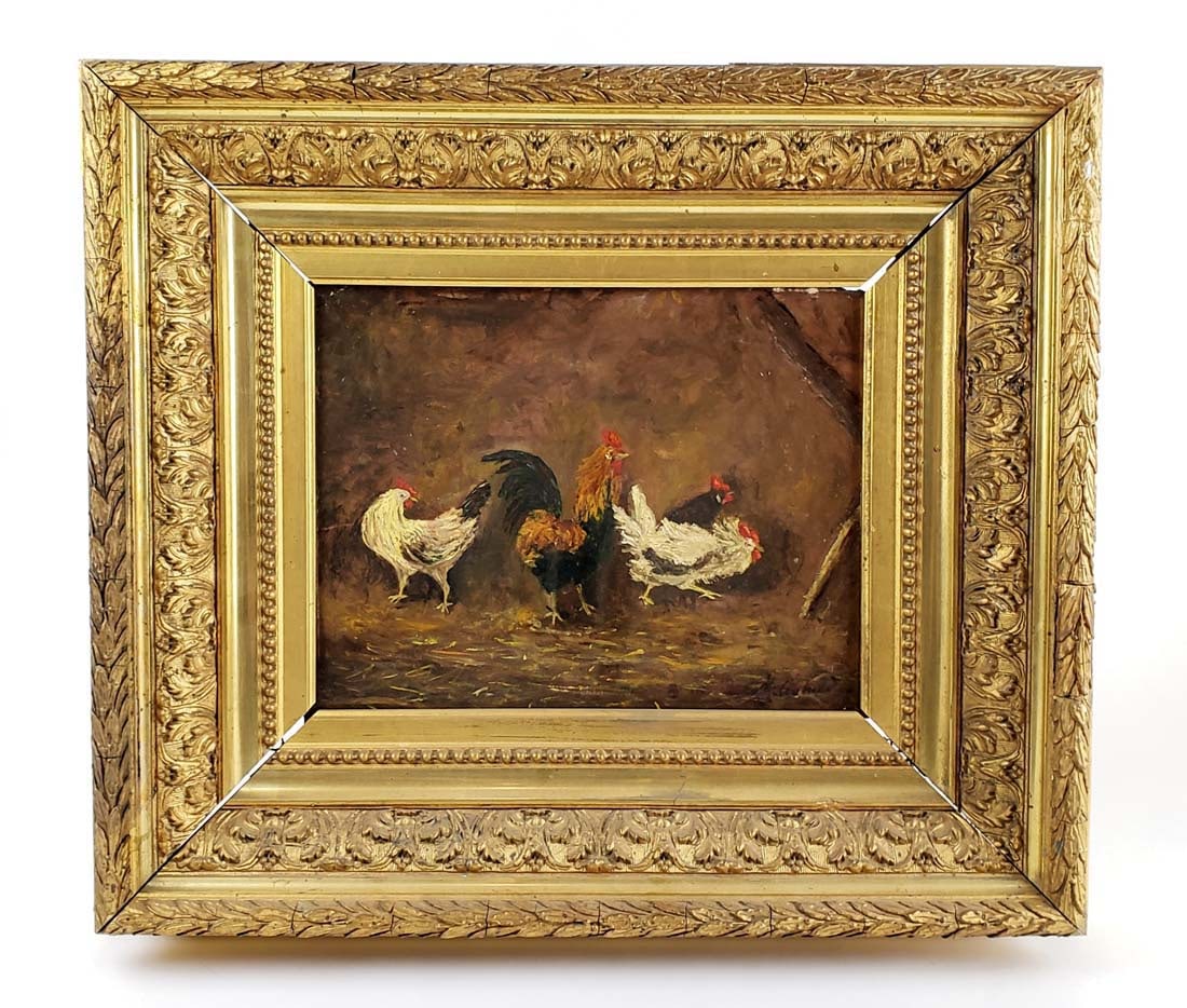 19th C. Oil on Board of Rooster & Chickens Signed Marechal Charles (1 of 6)