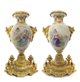 Pair of 19th C. Sevres Porcelain & Bronze Urns Signed ROCHETTE