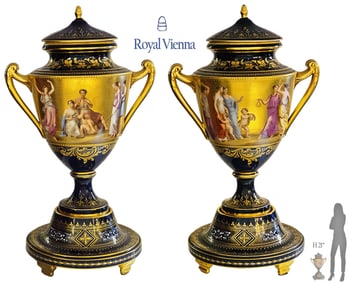 Pair Of Large 19th C. Hand Painted Royal Vienna Vases/ Urns