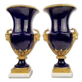 Pair of 19th C. Henry Dasson Porcelain, Bronze, & Marble Figural Vases