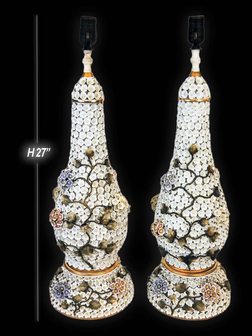 Pair of Snowball Meissen Style Porcelain Lamp: Pair of Snowball Meissen Style Porcelain Lamp. H 27" x W 8"
