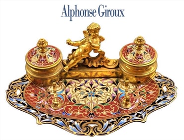 19th C. Champleve French Enamel Figural Inkwell Signed By Alphonse Giroux
