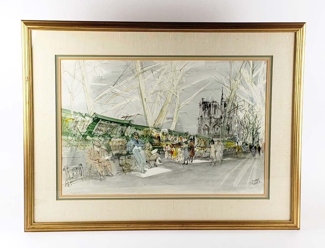 Pierre Pages Watercolor of Notredame Signed, C. 1940's: Pierre Pages Watercolor of Notredame Signed, 1940's. This is a 1940's French watercolor painting by French listed artist Pierre Pages born 1909. It has a wonderful subject, detail and design; it shows