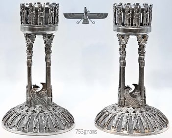 Persian Hakhamaneshi, Achaemenid Empire Figural 84 Silver (753g) Candlesticks