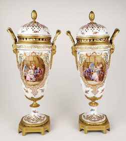 Pair of 19th C. Sevres Porcelain and Bronze Lidded Vases