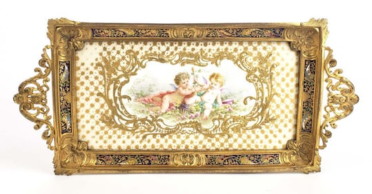 19th C. French Champleve Enamel & Gilt Bronze Tray