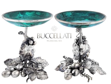 Pair Of Silver Vine Leaves M.Buccellati Malachite Taza Centerpiece