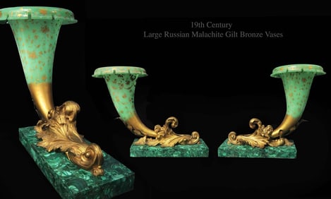 A Pair of Large 19th Century Russian Malachite & Gilt Bronze Vases