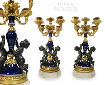 19th C. Pair of Cobalt Sèvres Gilt Bronze Figural Candelabras