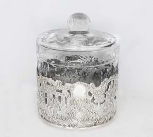 Sterling Silver (77g) Mounted Crystal Round Jar With Lid