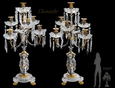 Pair Of 19th C. Baccarat Crystal & Christofle 7-Arms Figural Bronze Candelabras