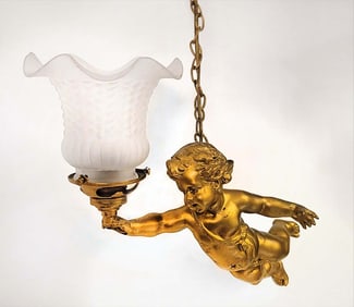 19th C. French Bronze Cupid Hanging Light Chandelier