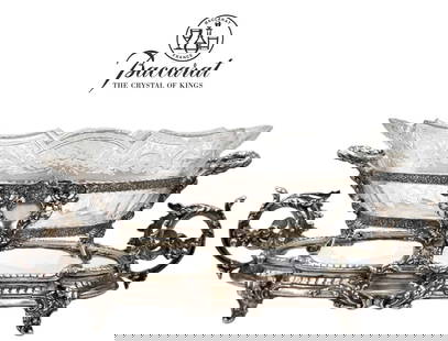 Large 19th C. French Silver Plated Centerpiece On Plateau with Baccarat Crystal: Large 19th C. French Silver Plated Centerpiece On Plateau with Baccarat Crystal. Both together: H 8 1/2" \ Centerpiece: H 6 1/2" x W 8 1/2" x L 17" \ Plateau: H 5 1/2" x W 9 1/2 x L 19"