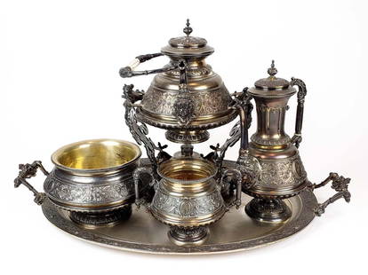 19th Century Six Pc. French Silver Tea and Coffee Service (~8,000grams): 19th C. 6 Pc. French Silver Tea and Coffee Service. Compromising one coffee pot, one tea pot, one hot water kettle on warming stand, one large waste bowl, one covered sugar bowl and one oval two handl