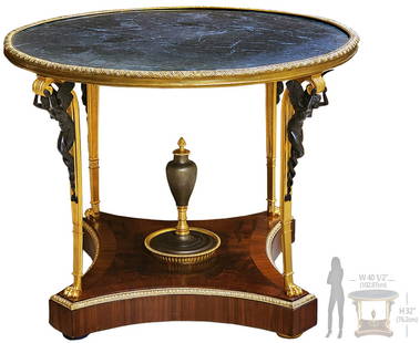19th C. French Louis XVI style Figural Bronze Mounted Center Table: 19th C. French Louis XVI style Figural Bronze Mounted Center Table. H 32" x W 40 1/2"