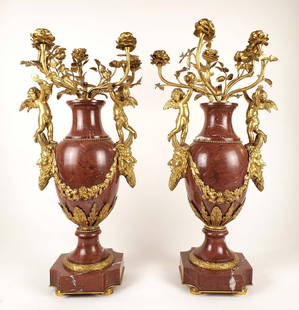 Pair of Large 19th C. Rouge Marble & Gilt Bronze Candelabras: Pair of Large 19th C. Rouge Marble & Gilt Bronze Candelabras. They measure H: 25 1/2" W: 10 3/4"