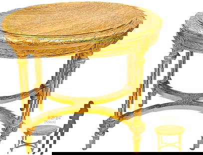 19th C. French Gold Wood Top Marble Center Table: 19th C. French Gold Wood Top Marble Center Table. H 29 3/4" x W 27 1/2" x L 35 1/2"